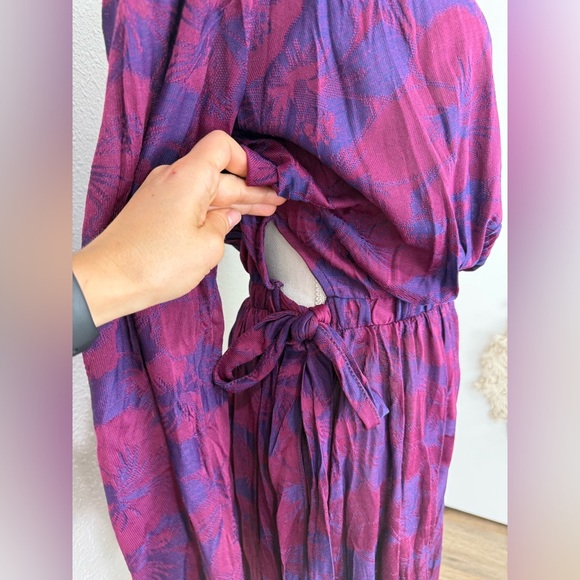 ZARA Wrinkled Jacquard Floral Midi Dress Dark Maroon Cut Out Sz M-L - Picture 6 of 13